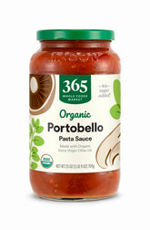 365 by Whole Foods Market organic portobello mushroom pasta sauce bottle, rich and ready to enrich pasta dishes.