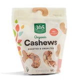 365 by Whole Foods Market organic roasted cashews, front view in a resealable bag for fresh snacking.