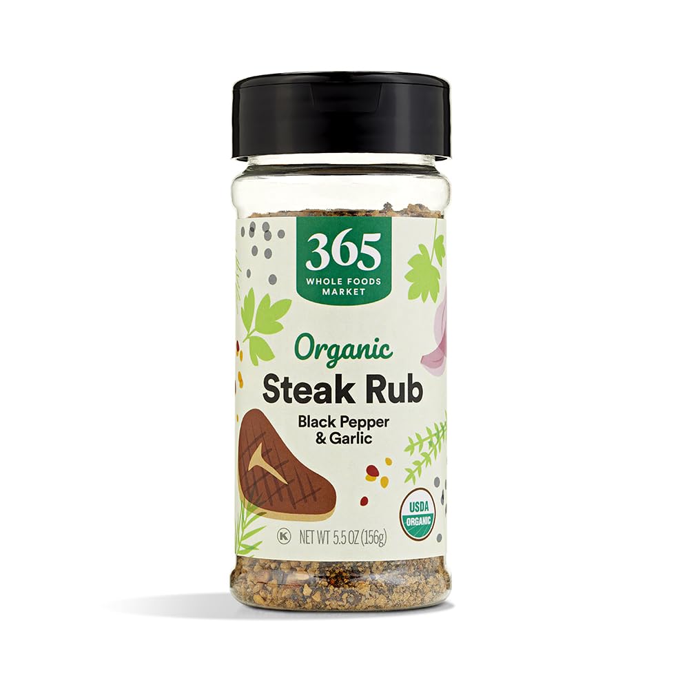 365 by Whole Foods Market organic steak rub bottle showing pepper and garlic flavor boost.