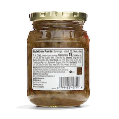 Close-up texture of relish in 365 jar with organic cucumbers and crisp bits.