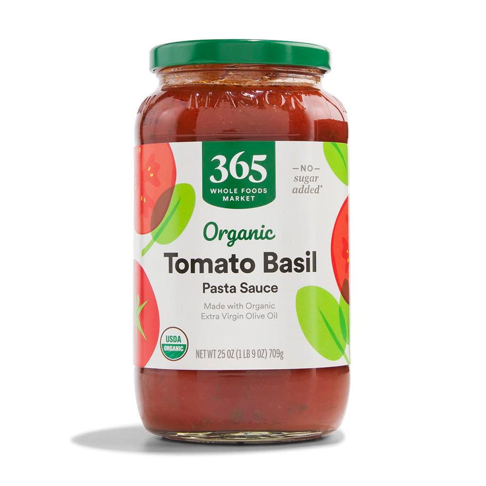 365 by Whole Foods Market Organic Tomato Basil Pasta Sauce bottle closeup, ready for weeknight pasta.