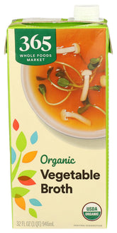 365 by Whole Foods Market organic vegetable broth bottle front, a versatile kitchen staple.
