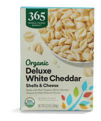 365 by Whole Foods Market organic white cheddar shells packaging highlights quality.
