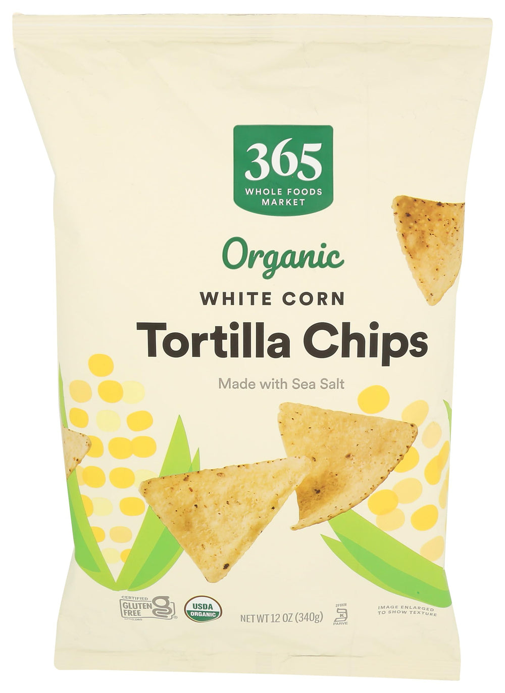 365 by Whole Foods Market organic white corn tortilla chips pack, ideal for snacking.