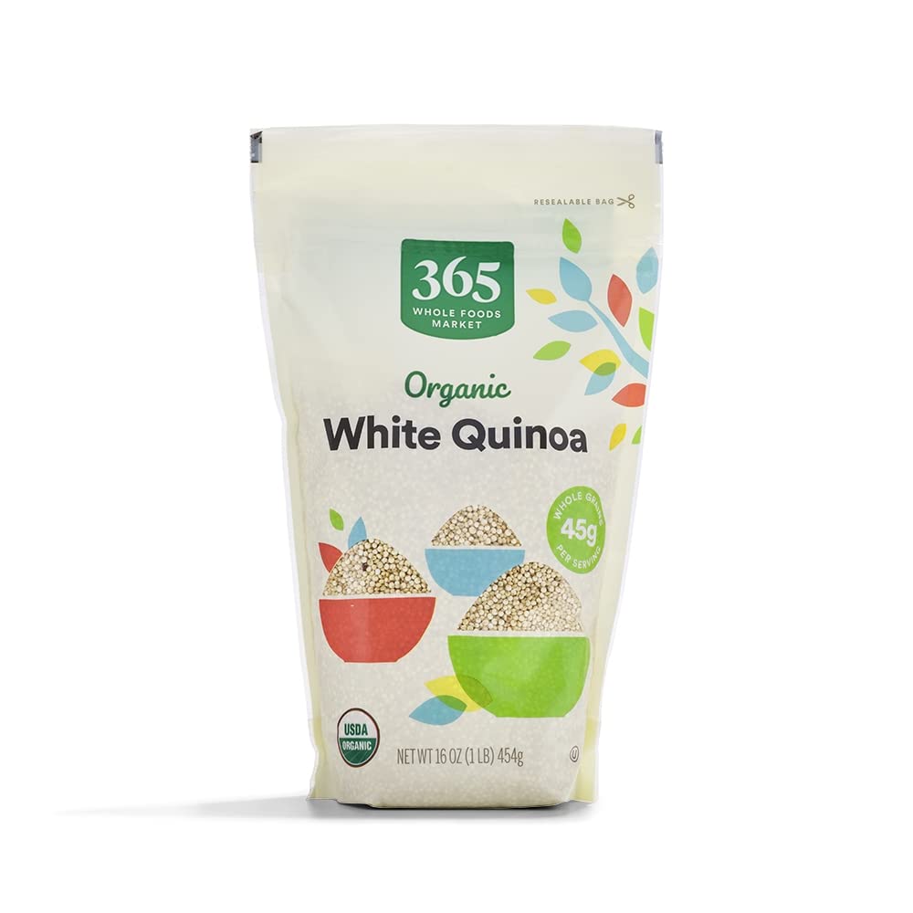 365 by Whole Foods Market organic white quinoa packaging on kitchen counter, ideal pantry staple.