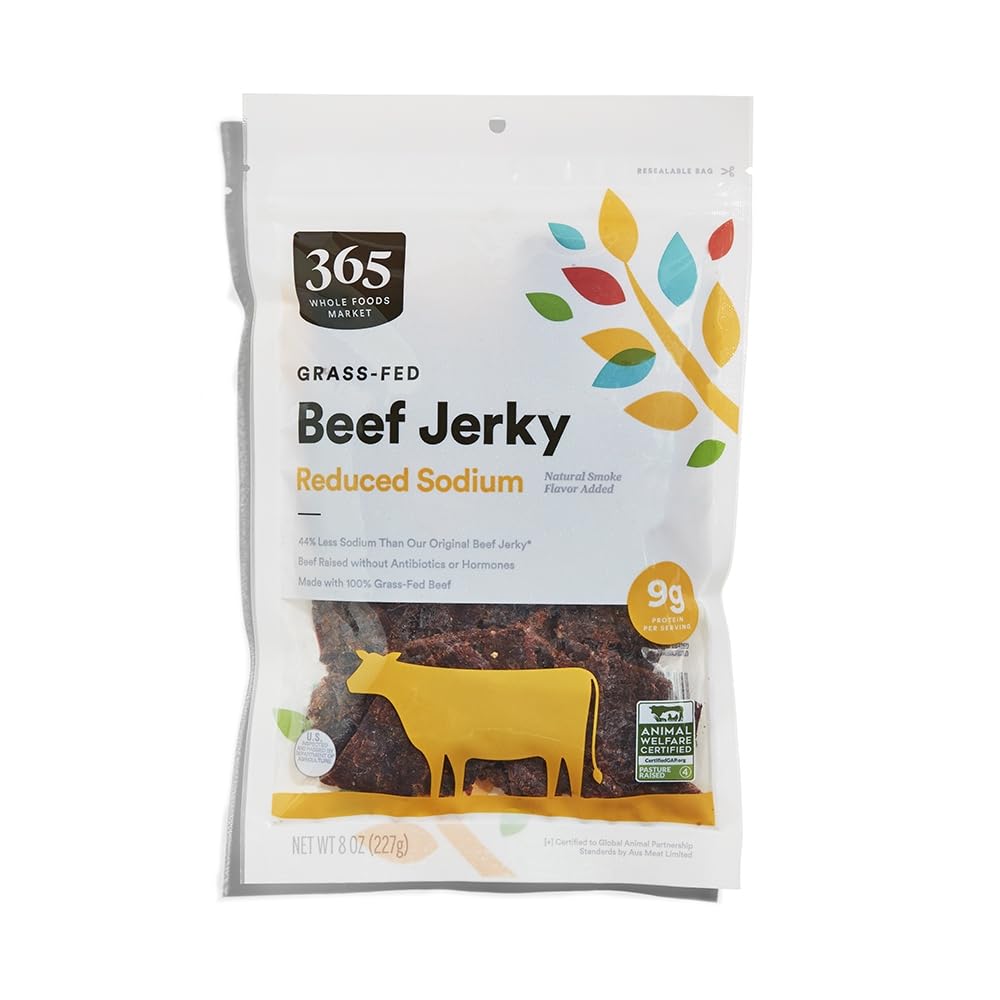 365 by Whole Foods Market original beef jerky 8oz package on counter, ready-to-snack protein
