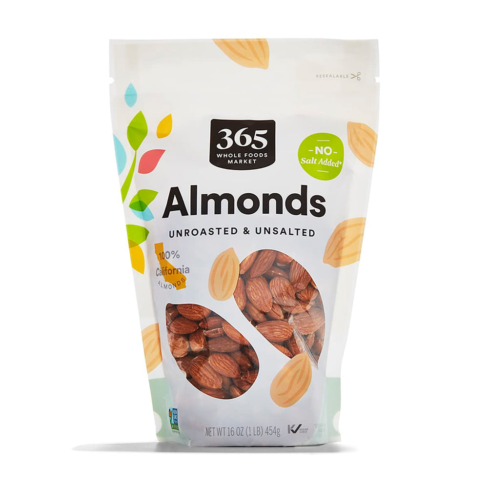 365 by Whole Foods Market raw almonds in bag, ready to snack.
