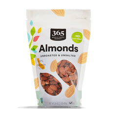 365 by Whole Foods Market raw almonds in bag, ready to snack.