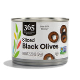 365 by Whole Foods Market ripe sliced olives in a 2.25 oz jar for snacking and toppings.