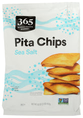 365 by Whole Foods Market sea salt pita chip family-size bag front, ideal for sharing.