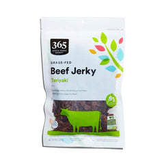 365 by Whole Foods Market teriyaki beef jerky package, protein-packed snack on the go
