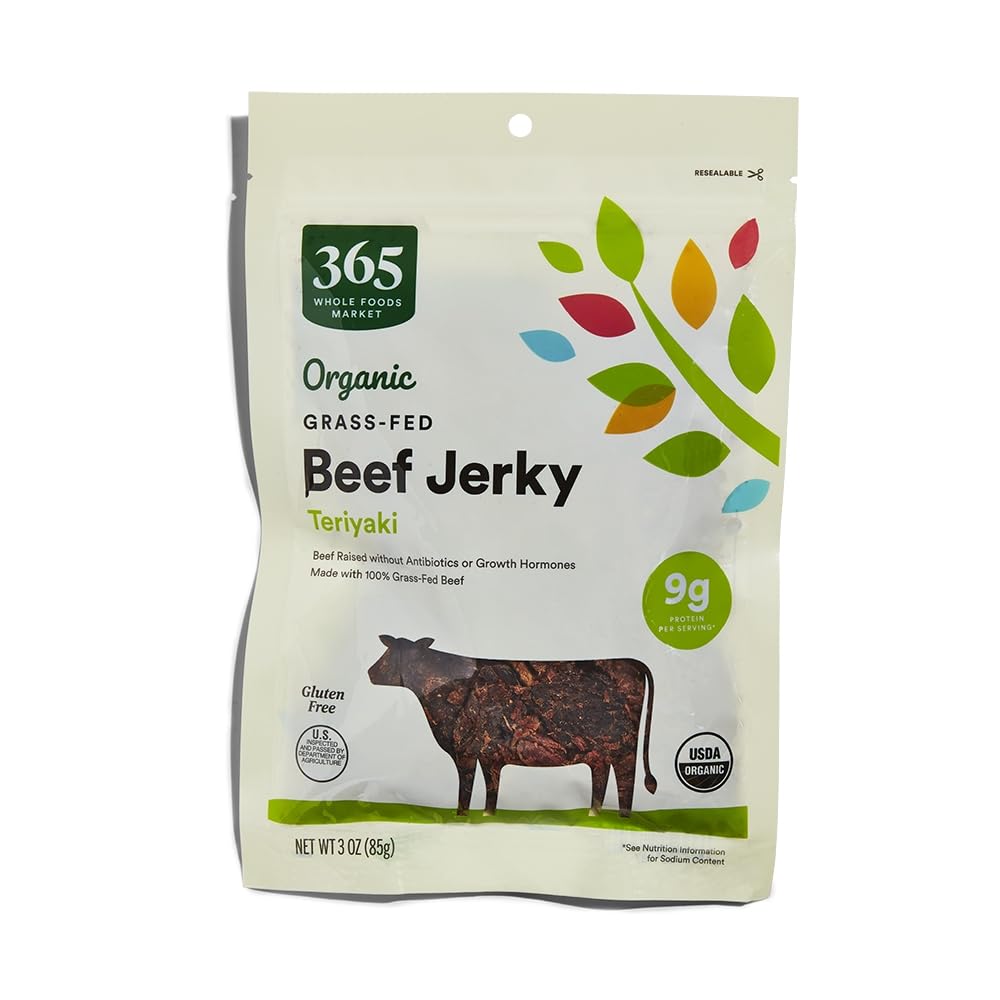365 by Whole Foods Market teriyaki beef jerky front pack, portable protein snack