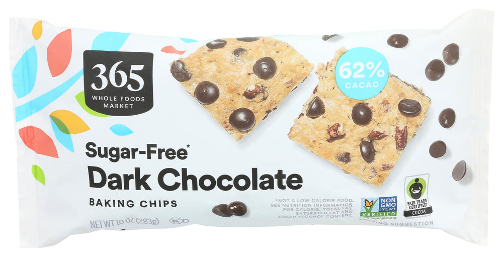 365 by Whole Foods Market sugar-free dark chocolate baking chips bag front, ideal for sugar-conscious bakers.