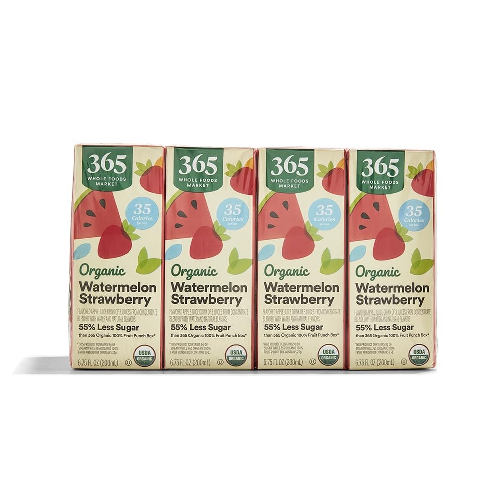 365 by Whole Foods Market watermelon-strawberry juice box front view, 8-pack, 6.75 fl oz each.