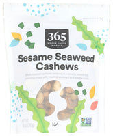 365 Cashews Seaweed Seasoned front package highlights savory crunch for on-the-go snacking.