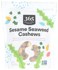 365 Cashews Seaweed Seasoned front package highlights savory crunch for on-the-go snacking.