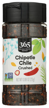 365 by Whole Foods Market chipotle chili crushed bottle shows smoky flakes