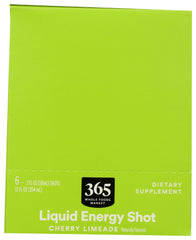 365 Energy Shot Cherry Limeade packaging emphasizes portability and a six-pack for travel.