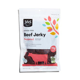 365 by Whole Foods Market grass-fed beef jerky peppered close-up; high-protein snack.