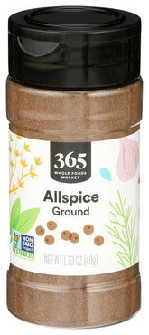 365 by Whole Foods Market ground allspice jar front, signaling premium aroma for baking.