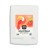 365 Island Blend coffee bag front highlights eco-friendly branding and fair trade