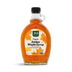 365 Maple Syrup bottle on kitchen counter for breakfast drizzle