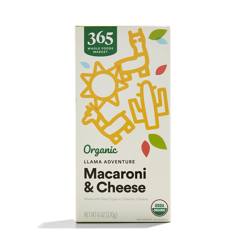 365 by Whole Foods Market Organic Cheddar Macaroni Shapes box with llama adventure, perfect for kid-friendly meals.