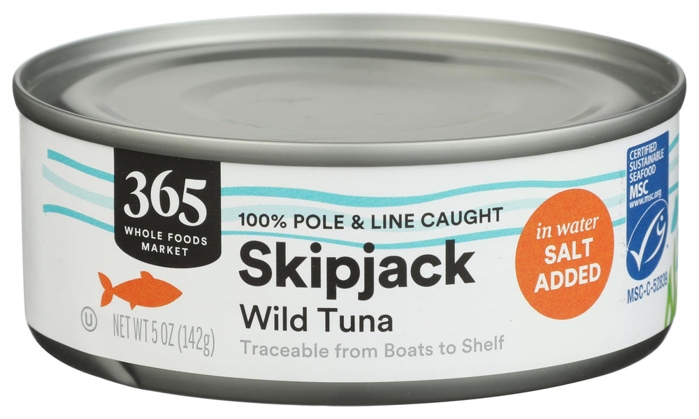 365 by Whole Foods Market salted skipjack tuna in water label closeup, sustainably sourced.