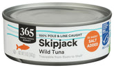365 by Whole Foods Market salted skipjack tuna in water label closeup, sustainably sourced.