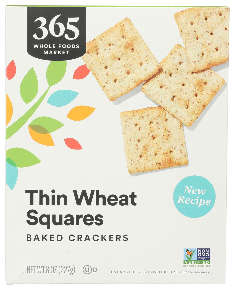 365 by Whole Foods Market Thin Wheat Square Crackers front packaging, ideal for quick, wholesome snacking.