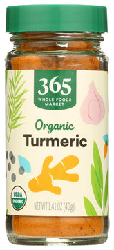 365 by Whole Foods turmeric bottle shows organic ground powder for curries.