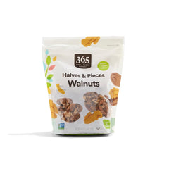 365 by Whole Foods Market walnut halves and pieces packaging showing premium quality for baking and topping