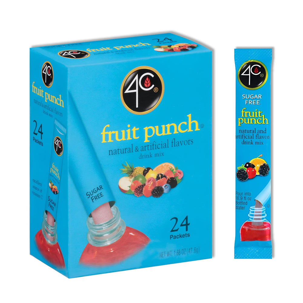 4C Powder Drink Mix Fruit Punch 24-pack packet dissolves easily for refreshing on-the-go hydration.