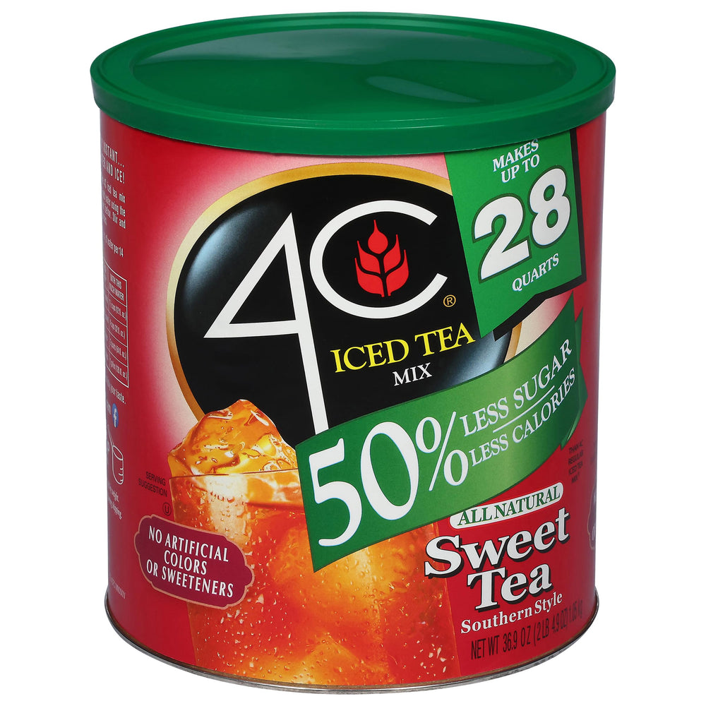 4C reduced sugar iced tea canister front view for easy family refreshment