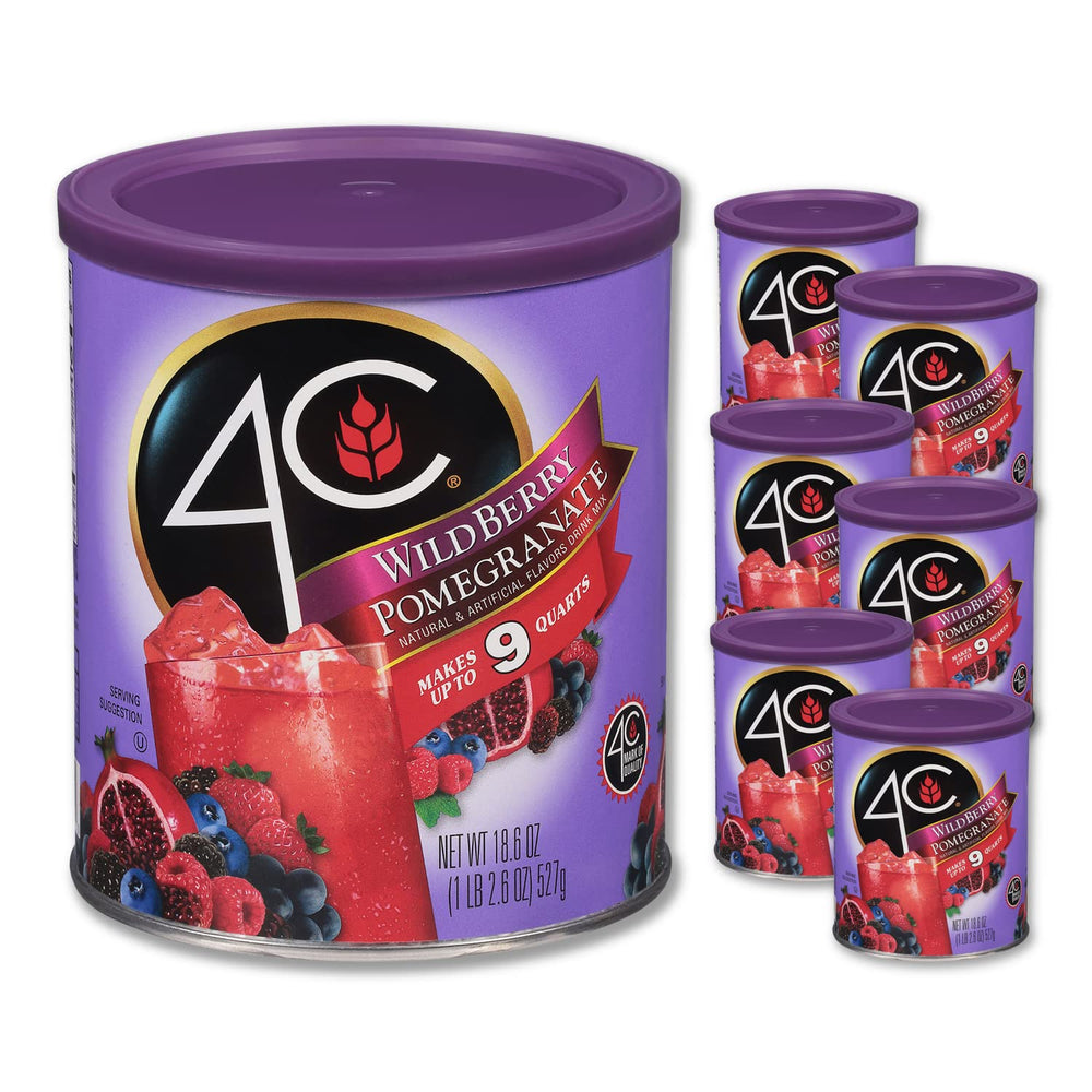 4C Wildberry Pomegranate canister on shelf ready to flavor drinks for families