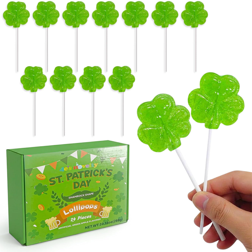 4E's Novelty shamrock lollipops in green apple flavor for festive celebrations.