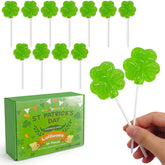 4E's Novelty shamrock lollipops in green apple flavor for festive celebrations.