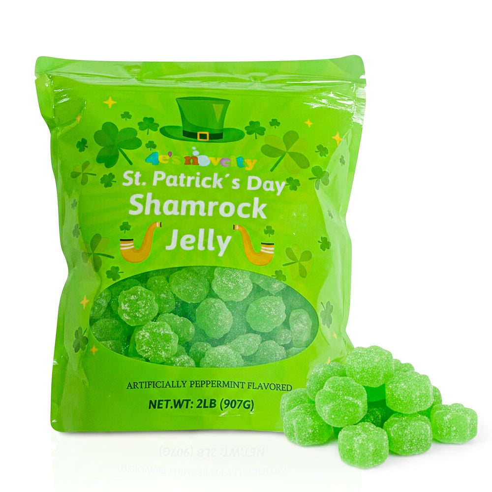 4E's Novelty shamrock candy close-up with peppermint flavor and vibrant green color, ideal party snacking