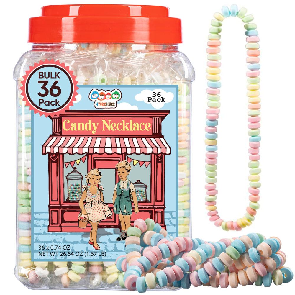 4YoreElves 36 candy necklaces in a display tub for easy party planning.