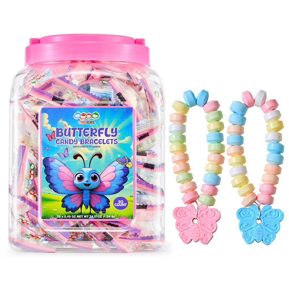 4YoreElves butterfly candy bracelets in bulk packaging tub for party displays.