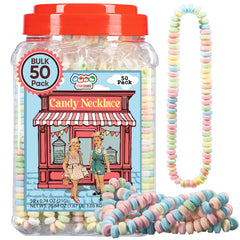 4YoreElves 50 candy necklaces displayed in a tub for easy party setup.
