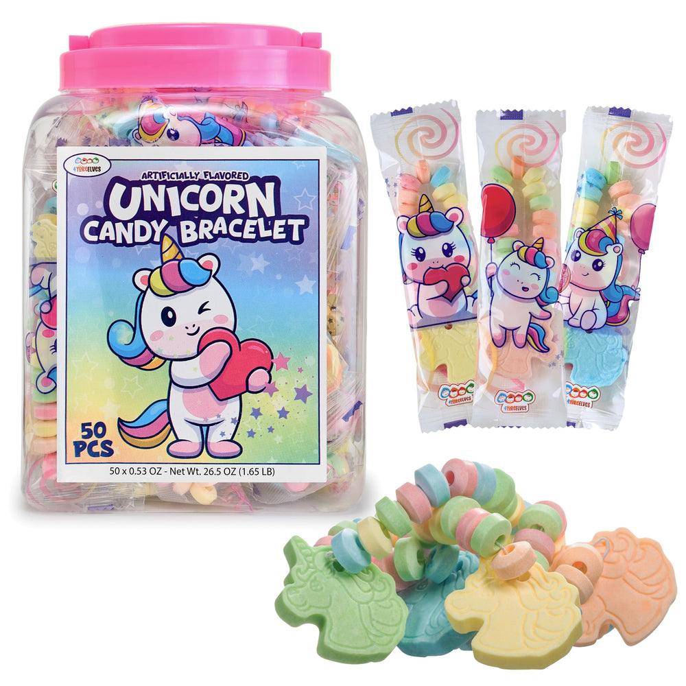 4YoreElves unicorn candy bracelets pack shows 50 individually wrapped treats for parties.