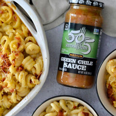 505 Southwestern Medium Green Chile Sauce label closeup shows authentic ingredients and medium heat