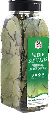 52USA Bay Leaves whole 2oz bottle close-up, aromatic flavor enhancer for soups.