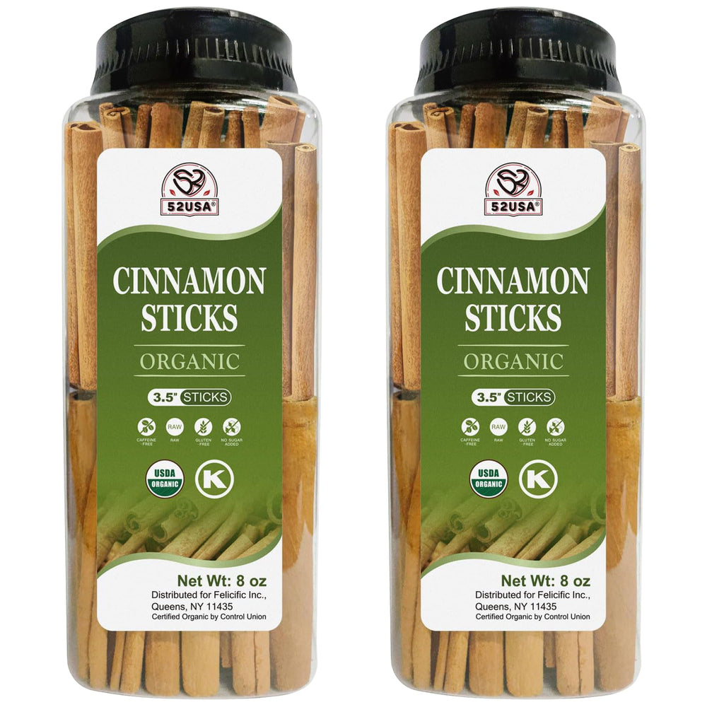 52USA Organic Cinnamon Sticks in an 8oz jar for fresh baking flavor