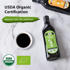 Pouring 52USA Organic Soy Sauce over stir-fry for savory depth.