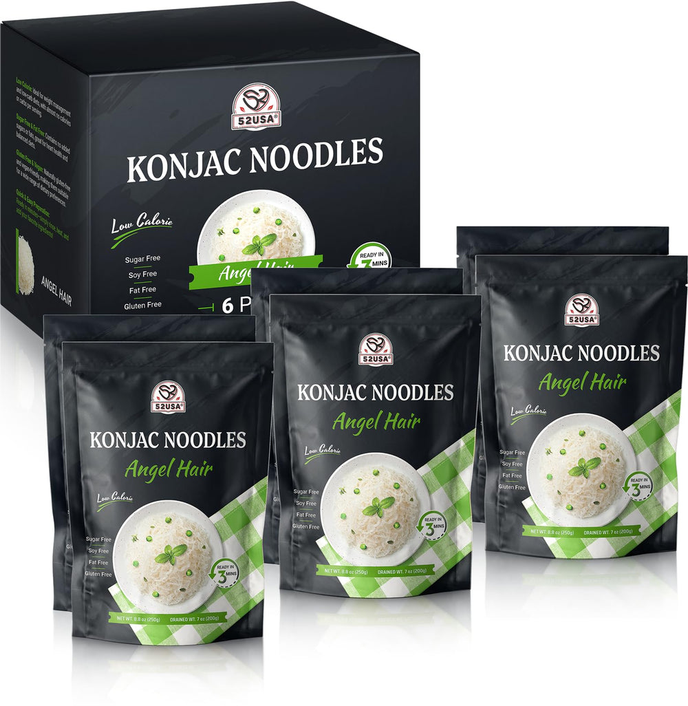 52usa Konjac Shirataki Noodles angel hair packaging display highlighting low carb option