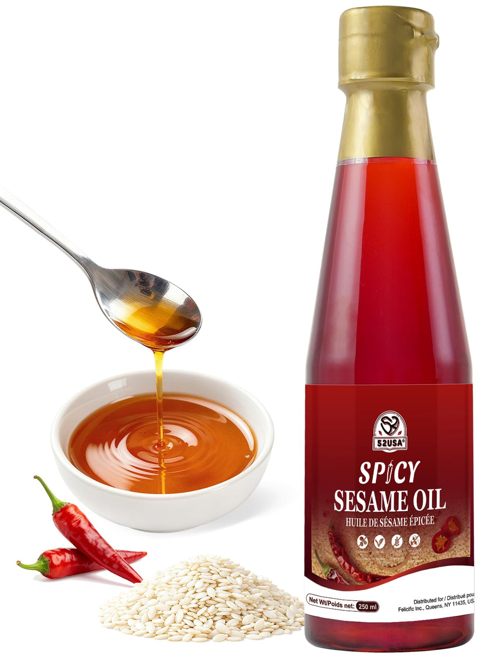 52USA Premium Spicy Sesame Oil bottle close-up showing rich nutty aroma and chili kick