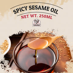 52USA Premium Spicy Sesame Oil label detail highlighting ingredients and heat level for recipes