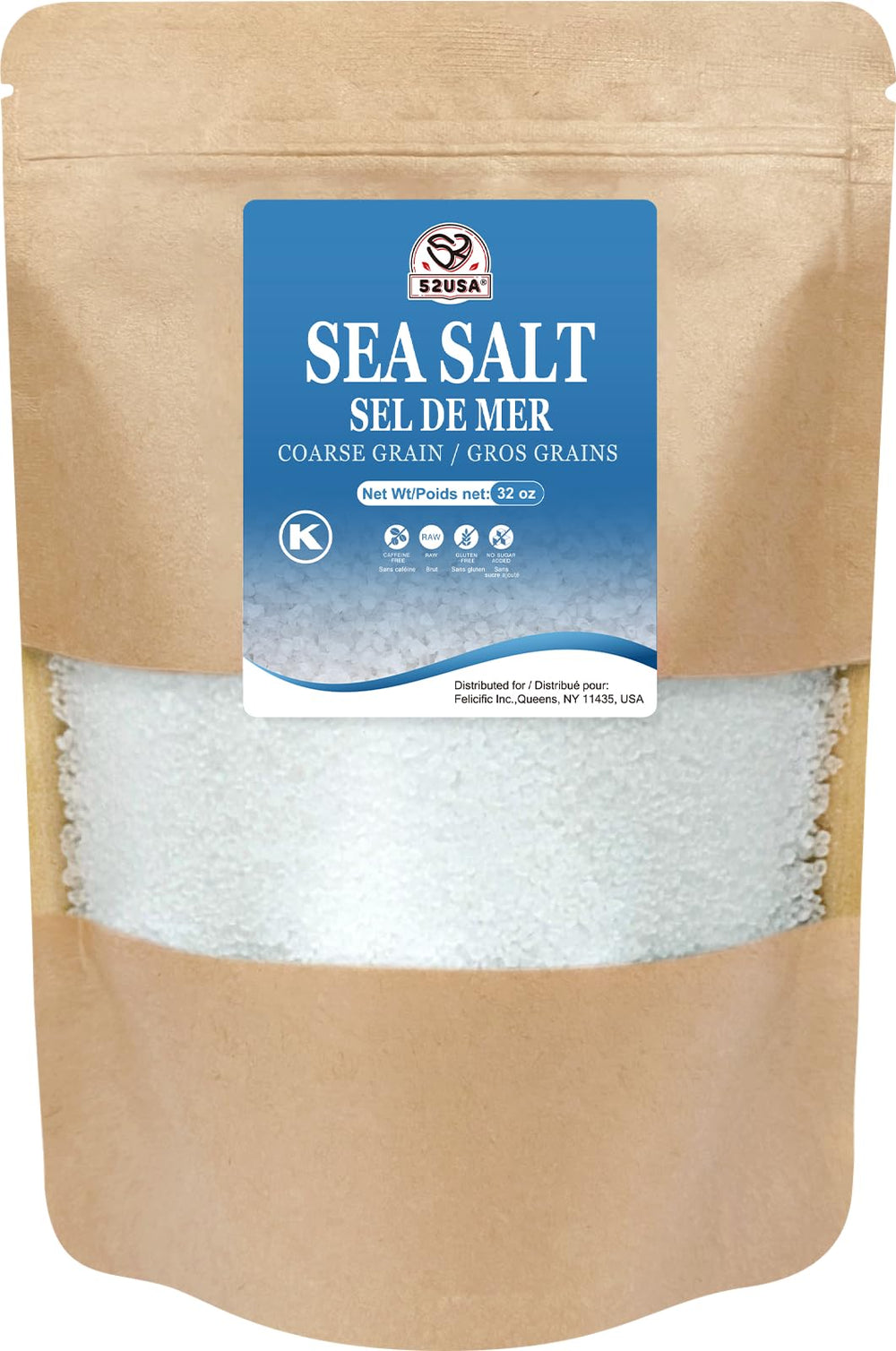 52USA sea salt coarse bottle shows premium, additive-free seasoning for home cooking.